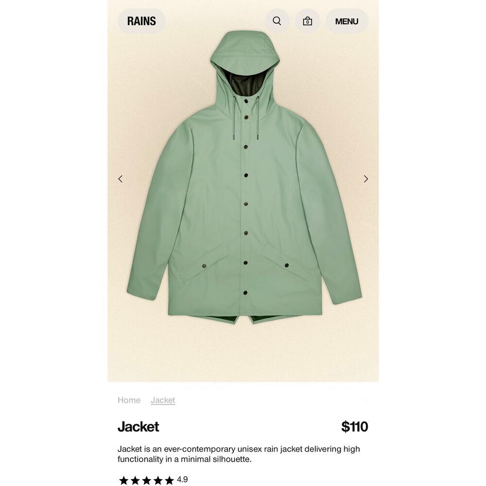NWT! Rains Unisex Waterproof Jacket in Mineral - Size XL - Picture 8 of 11